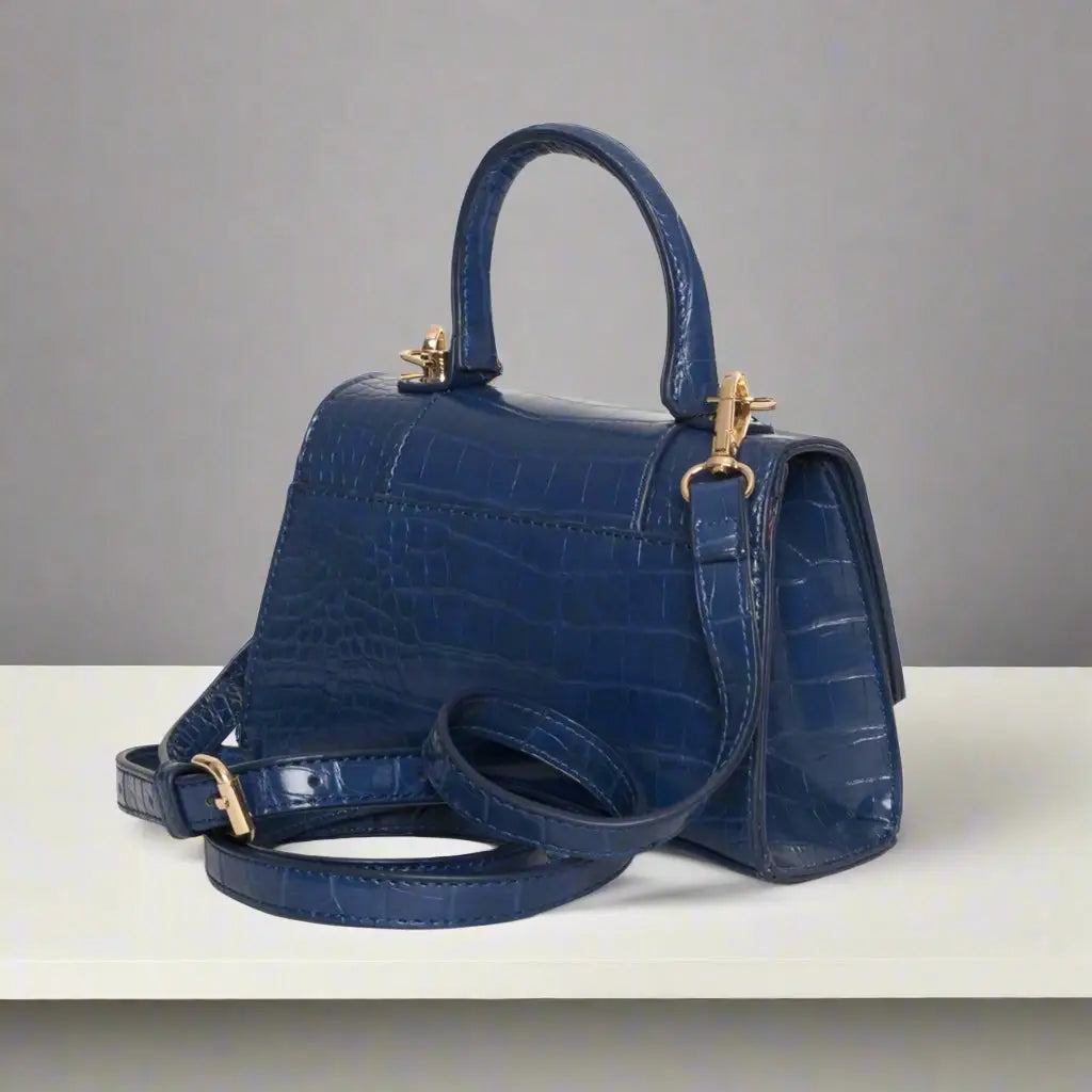 Egon Von navy blue croc print embossed synthetic handbag with gold-tone hardware
