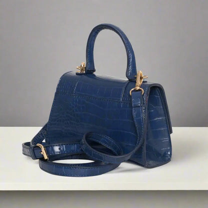Egon Von navy blue croc print embossed synthetic handbag with gold-tone hardware