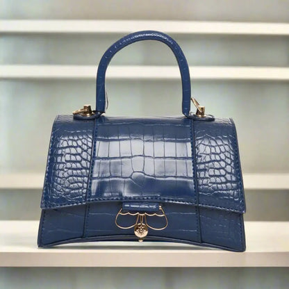 Egon Von navy blue croc print embossed leather top-handle handbag with gold hardware