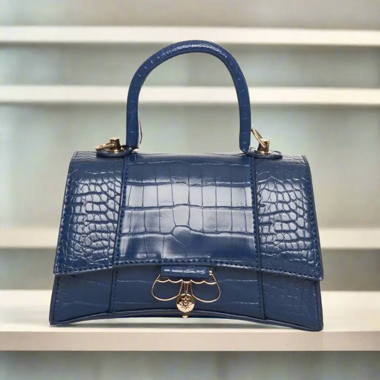 Egon Von navy blue croc print embossed leather top-handle handbag with gold hardware