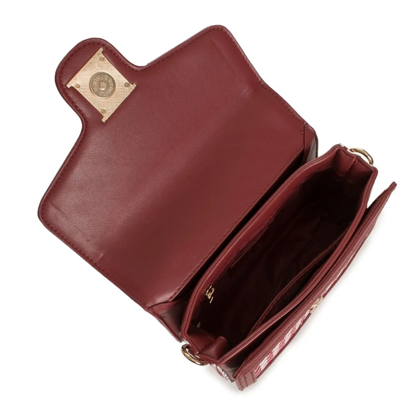 Open dark red leather crossbody bag with magnetic clasp and shoulder strap for Egon Von Furstenberg handbags