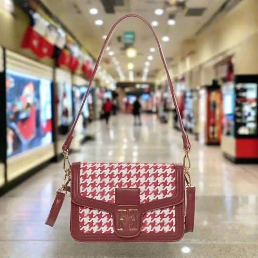 Egon Von Furstenberg red synthetic graphic print handbag with shoulder strap and houndstooth pattern