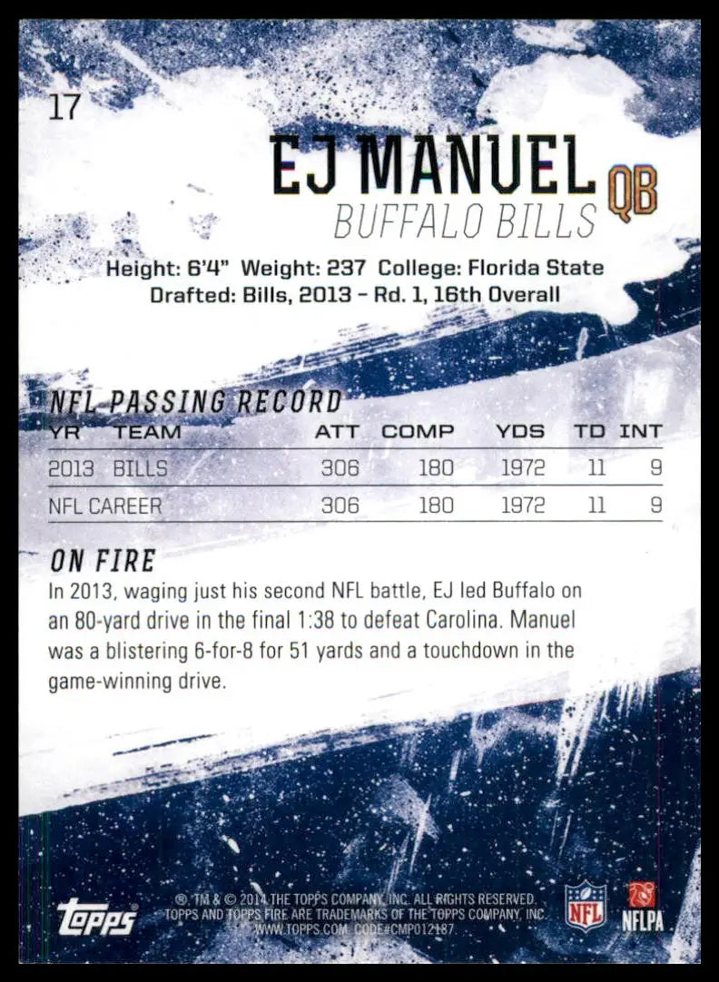 Back of EJ Manuel Buffalo Bills 2014 Topps Fire Flame Foil football card