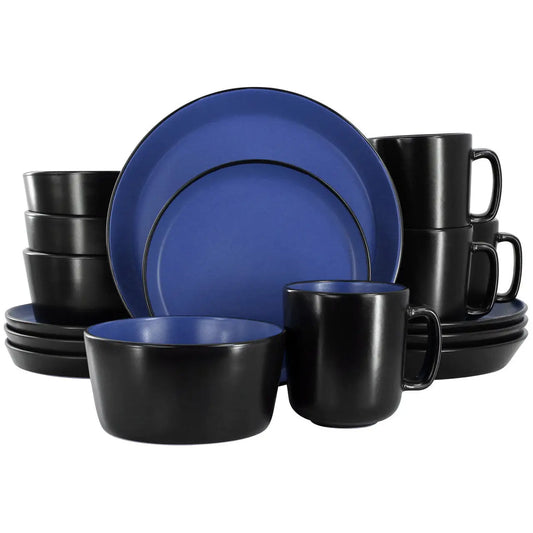 Elama Bacarra 16 Piece Stoneware Dinnerware Set in Two Tone Black and Blue - Dinnerware Set