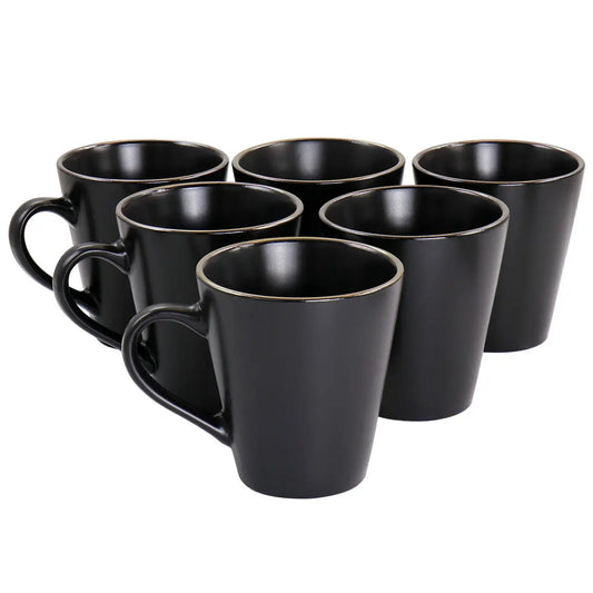 Elama Paul 6 Piece Stoneware Mug Set in Matte Black with Gold Rim - Mug Set