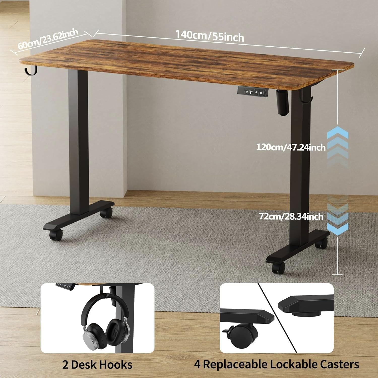 Electric Height Adjustable Standing Desk with Casters-2