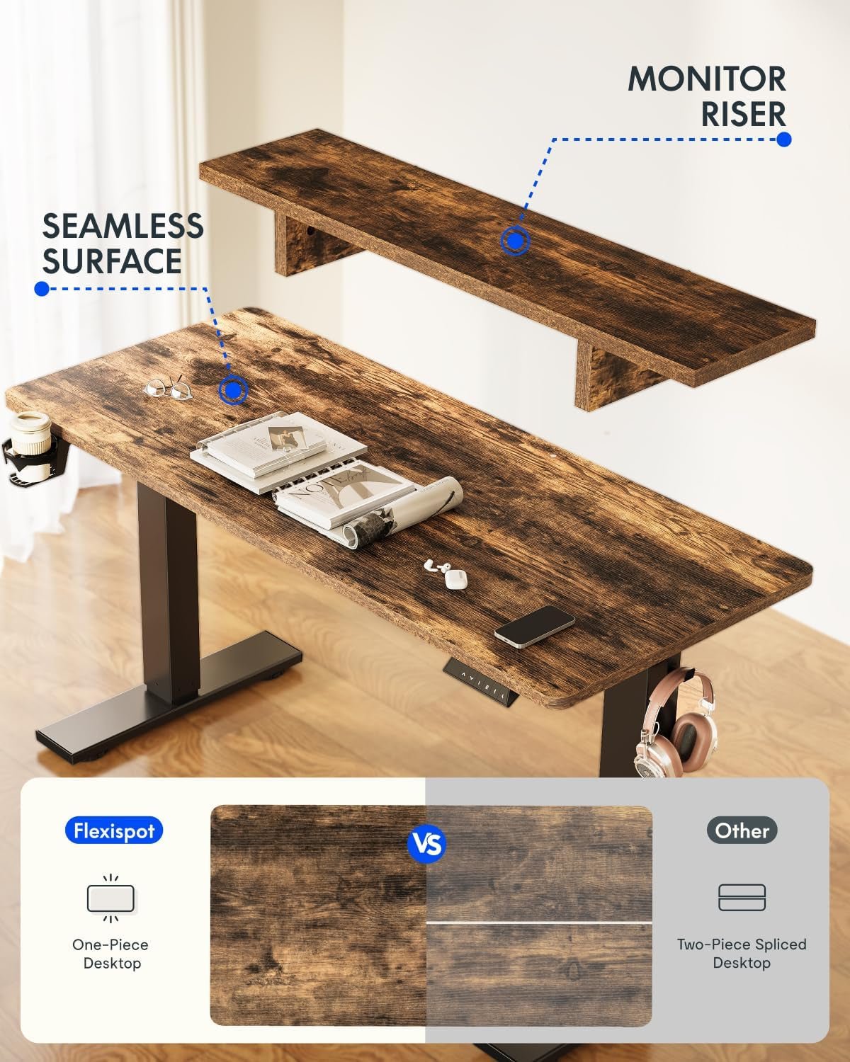 Electric Height Adjustable Standing Desk with Monitor Riser-2