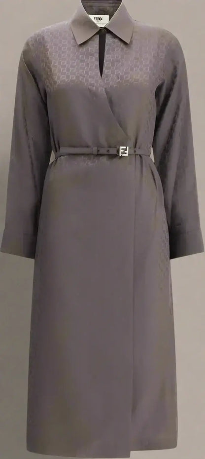 Gray long-sleeved silk jacquard dress with pointed collar and F buckle belt