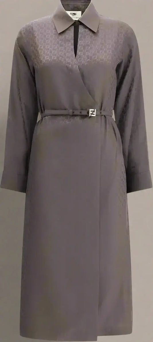 Gray long-sleeved silk jacquard dress with pointed collar and F buckle belt