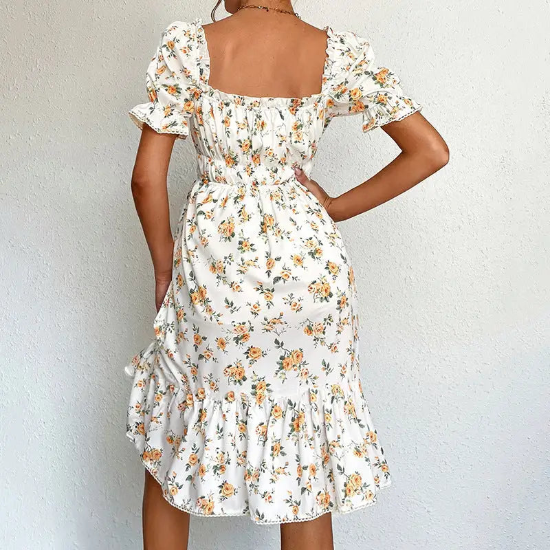 Elegant square collar floral print midi dress with ruffled hem for stylish summer wear