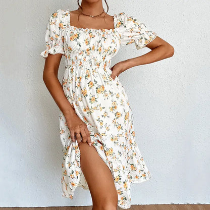 Elegant square collar floral print ruffle dress with puffed short sleeves