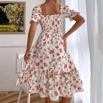 Elegant square collar floral print ruffle dress with puffed sleeves and tiered hem