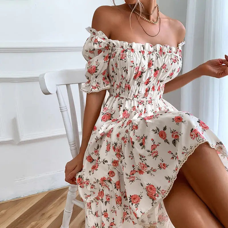 Elegant square collar floral print ruffle dress for women featuring off-shoulder style