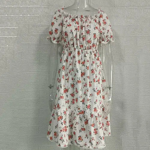 White floral print midi dress with elegant square collar and ruffled hem