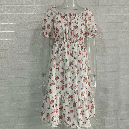 White floral print midi dress with elegant square collar and ruffled hem