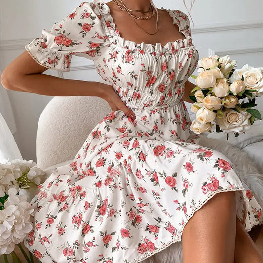 Elegant square collar floral print midi dress with ruffled neckline and puff sleeves