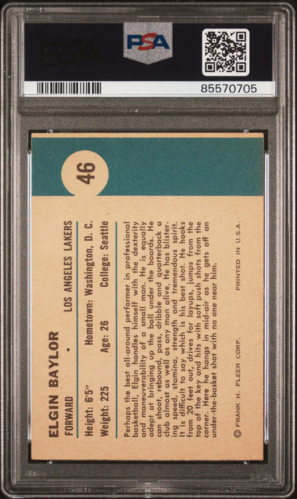 Graded vintage Elgin Baylor basketball trading card from 1961 Fleer In Action series