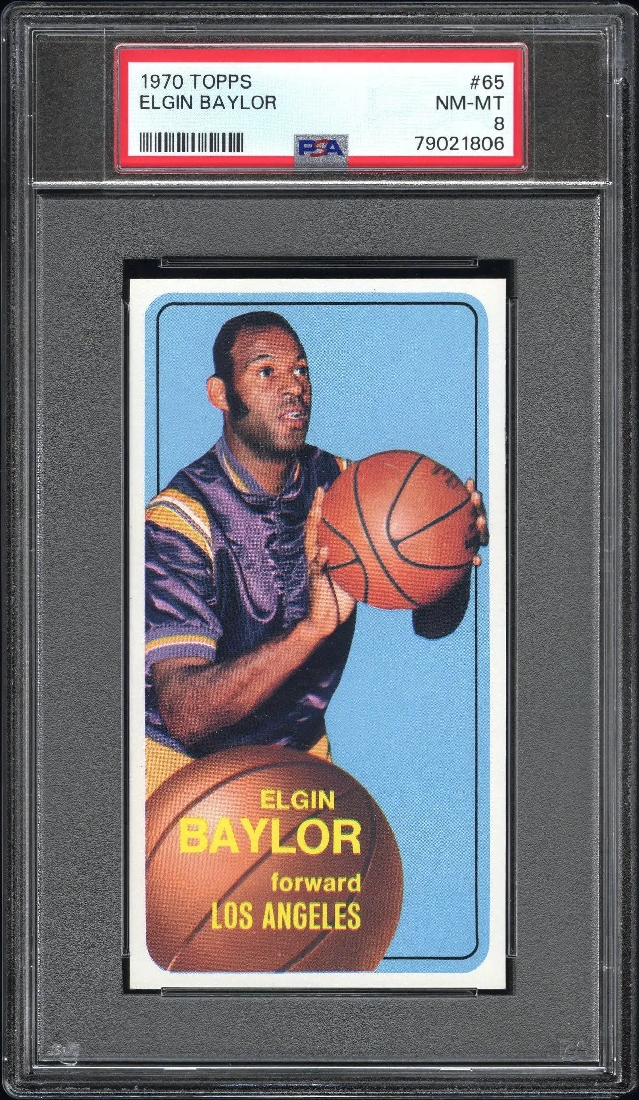 PSA-graded Elgin Baylor 1970 Topps #65 vintage basketball card in purple Lakers jersey