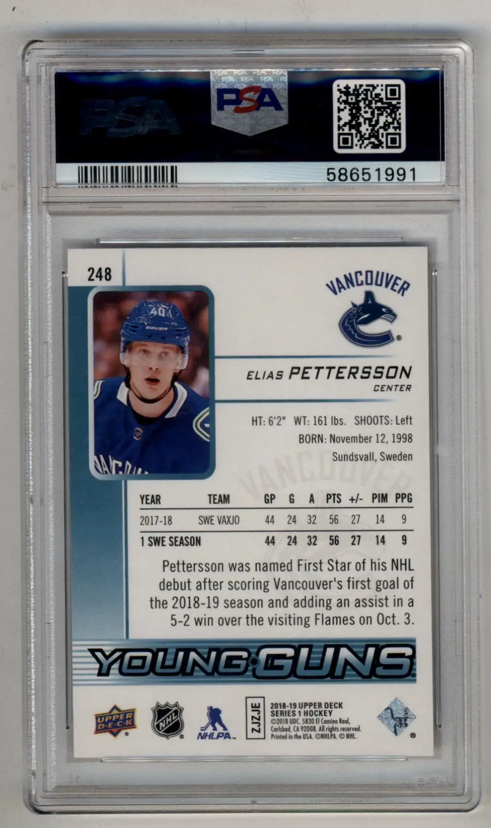 Elias Pettersson 2018-19 Upper Deck PSA 10 Gem Mint hockey trading card