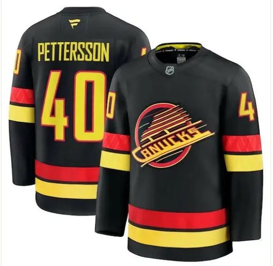 Black Vancouver Canucks Elias Pettersson jersey with red yellow stripes and number 40