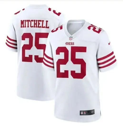 White San Francisco 49ers Elijah Mitchell Nike game jersey with red numbers and lettering