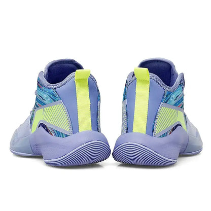 Elite women’s weightlifting and basketball sneakers in purple, blue, and neon yellow