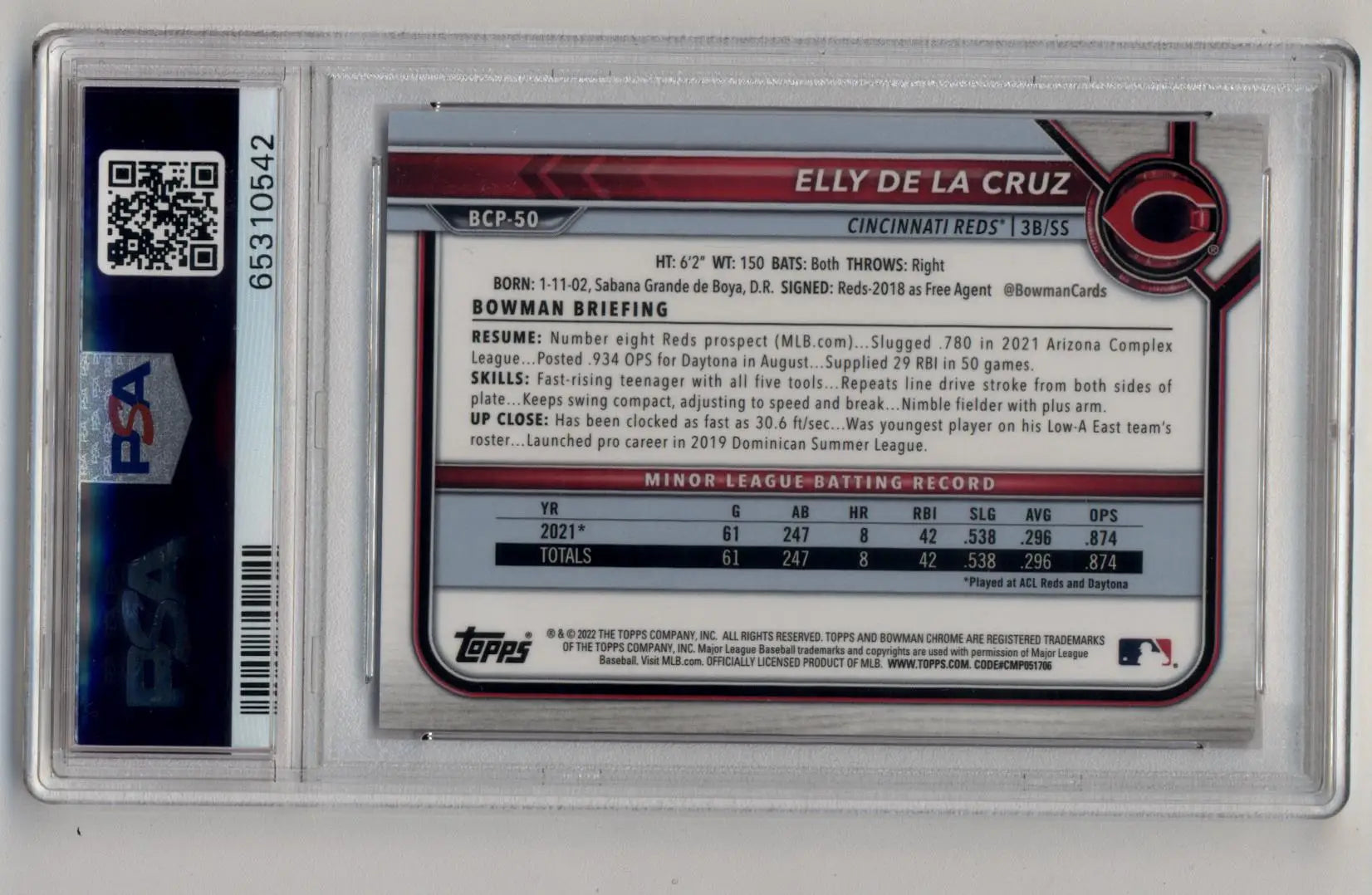 Graded Elly De La Cruz Bowman Chrome Prospect Red Refractor baseball card PSA 9 Mint