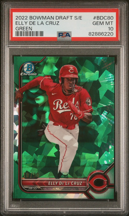 A graded 2022 Bowman Draft Sapphire Green Elly De La Cruz baseball card in PSA 10 Gem Mint