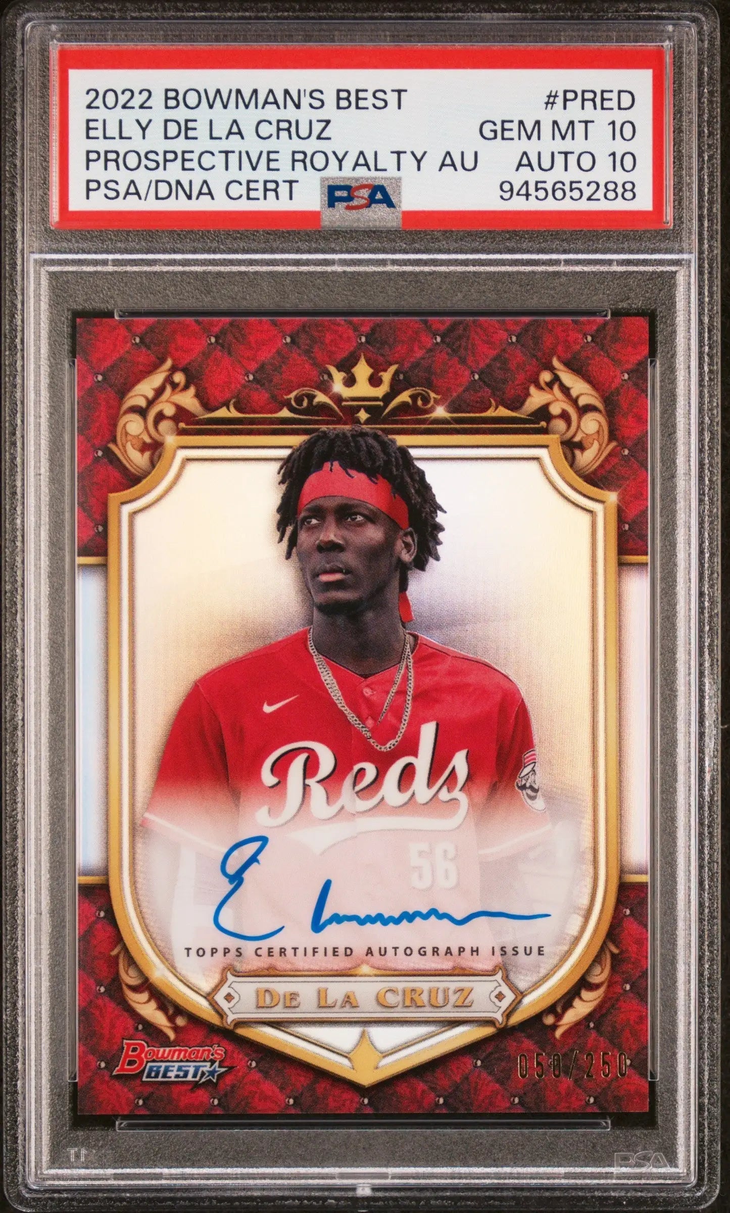 Graded Elly De La Cruz autographed baseball card from Bowmans Best Prospective Royalty Auto