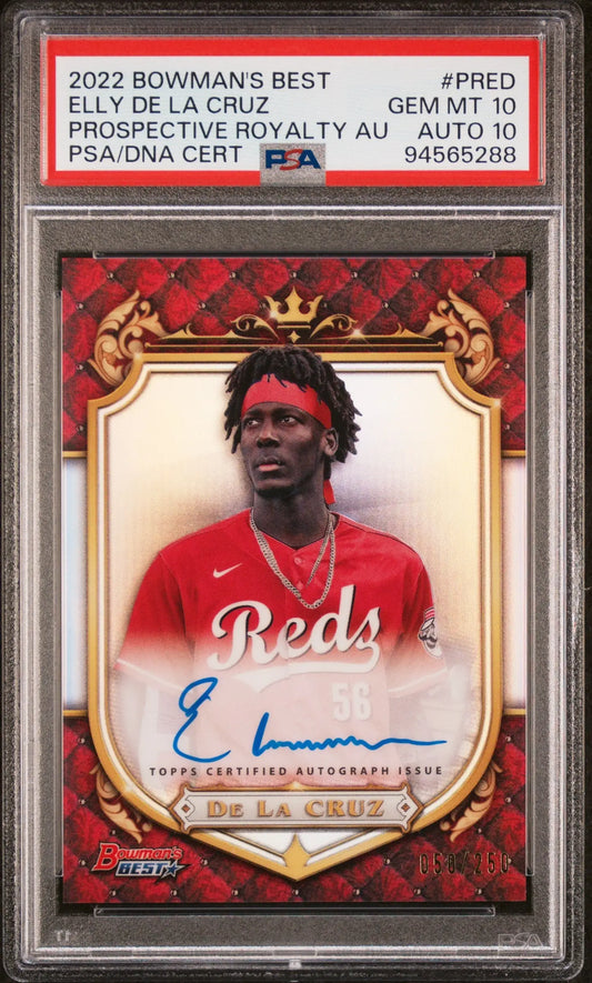 Graded Elly De La Cruz autographed baseball card from Bowmans Best Prospective Royalty Auto