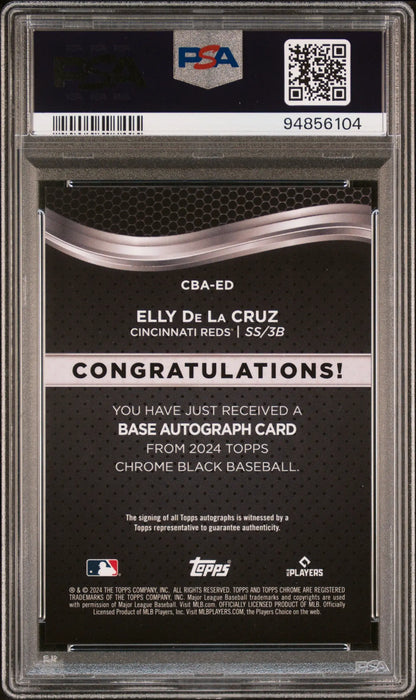 PSA-graded Elly De La Cruz 2024 Topps Chrome Black Auto baseball card with autograph