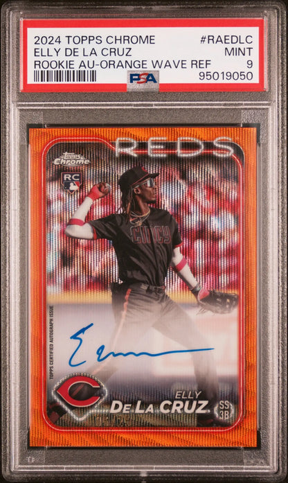 Elly de la Cruz 2024 Topps Chrome Orange Wave Refractor Auto #6/25 PSA 9 Mint - Singles
