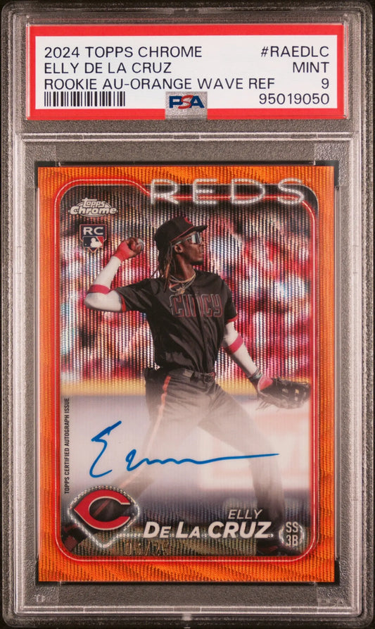 Elly de la Cruz 2024 Topps Chrome Orange Wave Refractor Auto #6/25 PSA 9 Mint - Singles