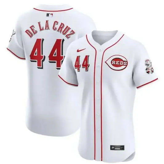 White Cincinnati Reds Nike Home Elite Player Jersey featuring Elly De La Cruz branding