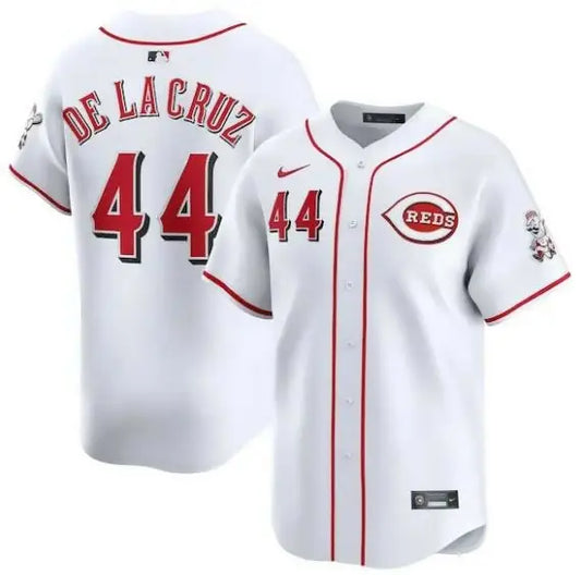 White Cincinnati Reds baseball jersey featuring Elly De La Cruz Nike Home Limited Player design