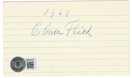 Lined index card with handwritten text from Elmer Flick signed autographed 3x5 cut
