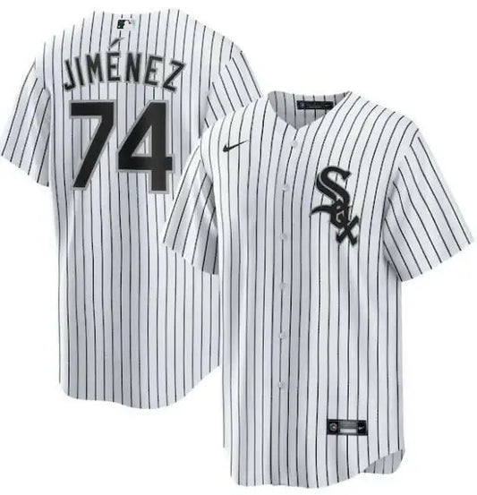 White pinstripe Chicago White Sox Nike home replica baseball jersey featuring Eloy Jimenez