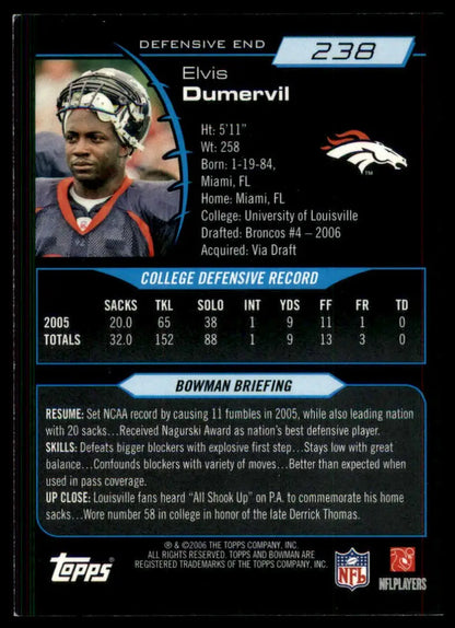 Football trading card featuring Elvis Dumervil from the 2006 Bowman Rookie set