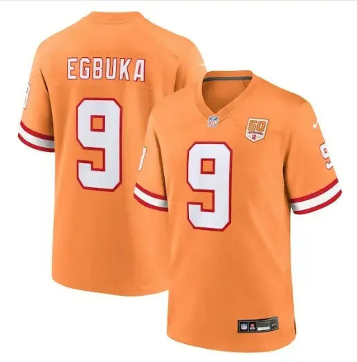 Two orange Tampa Bay Buccaneers football jerseys with number 9 and Egbuka on the back