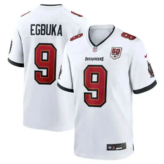 White Emeka Egbuka Tampa Bay Buccaneers Nike jersey with red and black trim and number 9