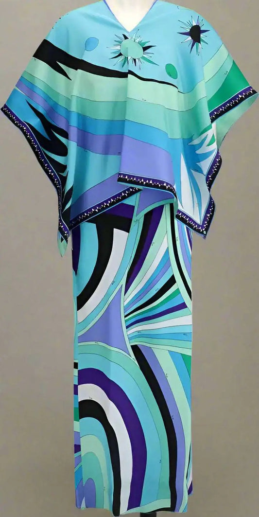 Colorful patterned Emilio Pucci Iride print long dress with cape and matching skirt