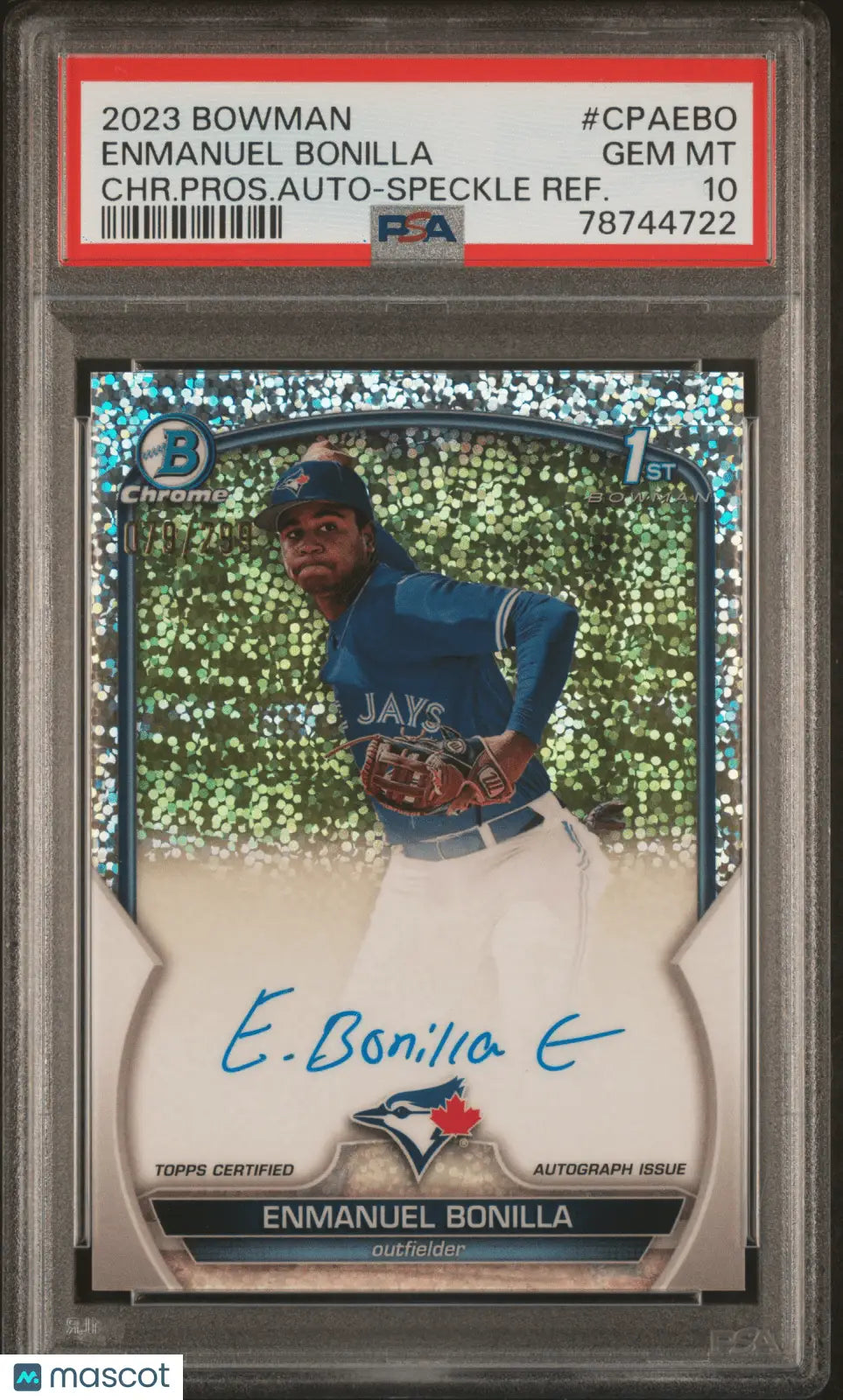 Enmanuel Bonilla autographed baseball card from Bowman Chrome Prospect series in PSA 10Gem /299