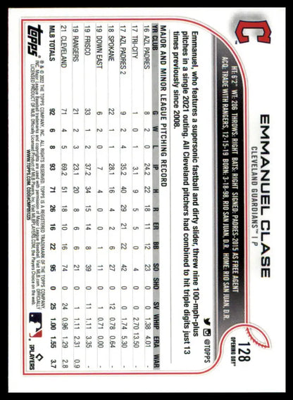 Baseball card back from Emmanuel Clase 2022 Topps Opening Day Cleveland Guardians