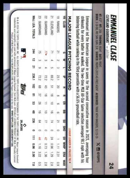 Baseball card back of Emmanuel Clase 2024 Topps Big League Cleveland Guardians