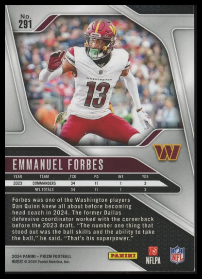 Football trading card of Emmanuel Forbes from Panini Prizm 2024 Washington Commanders