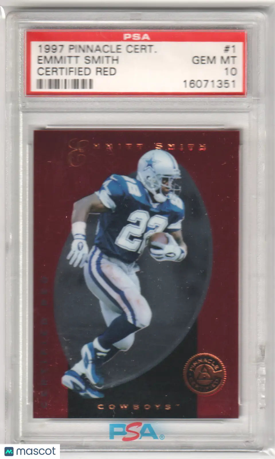 PSA-graded 1997 Pinnacle Certified Red Emmitt Smith football card Gem Mint 10 from Columbia Hobby