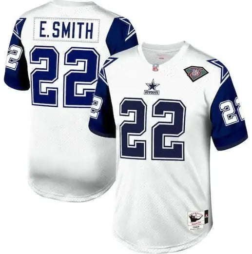 White Dallas Cowboys Emmitt Smith jersey with navy blue trim and number 22