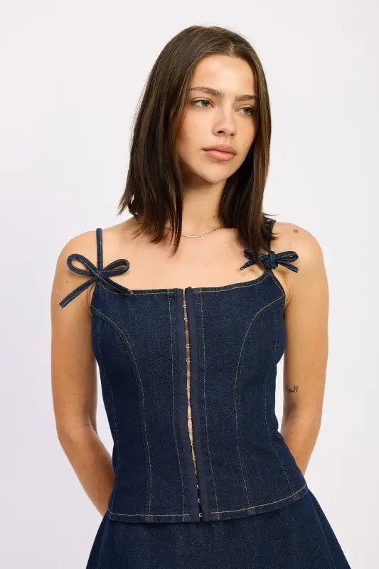 Emory Park cotton denim bustier top with bow-tied spaghetti straps in dark blue