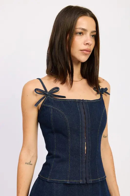 Emory Park cotton denim bustier top with bow-tie straps and visible stitching