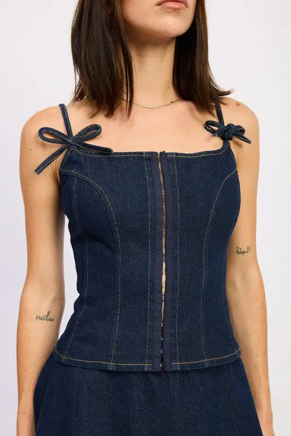 Emory Park cotton denim bustier top with tie-up straps and front zipper